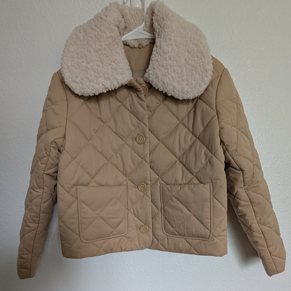 Tan Quilted Jacket with Cream Collar